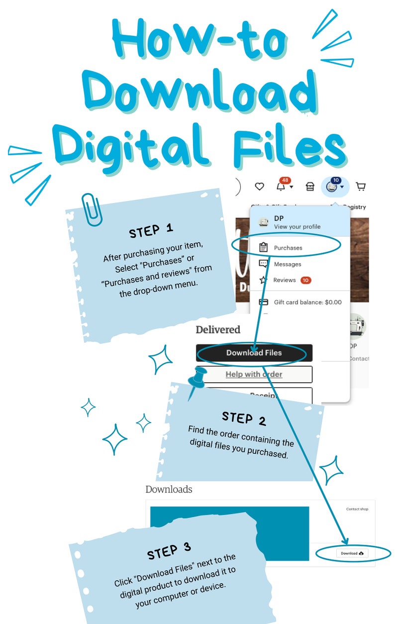 May include: A step-by-step guide on how to download digital files after purchasing an item on a website. The guide includes three steps: 1. Select "Purchases" from the drop-down menu. 2. Find the order containing the digital files. 3. Click "Download Files" next to the digital product to download it to your computer or device.