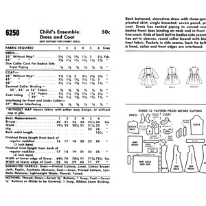 May include: A vintage sewing pattern for a child's dress and coat ensemble. The pattern includes instructions for a sleeveless dress with a box pleated skirt and a princess coat with a round collar. The pattern is for sizes 1-6 and is priced at 50 pence.