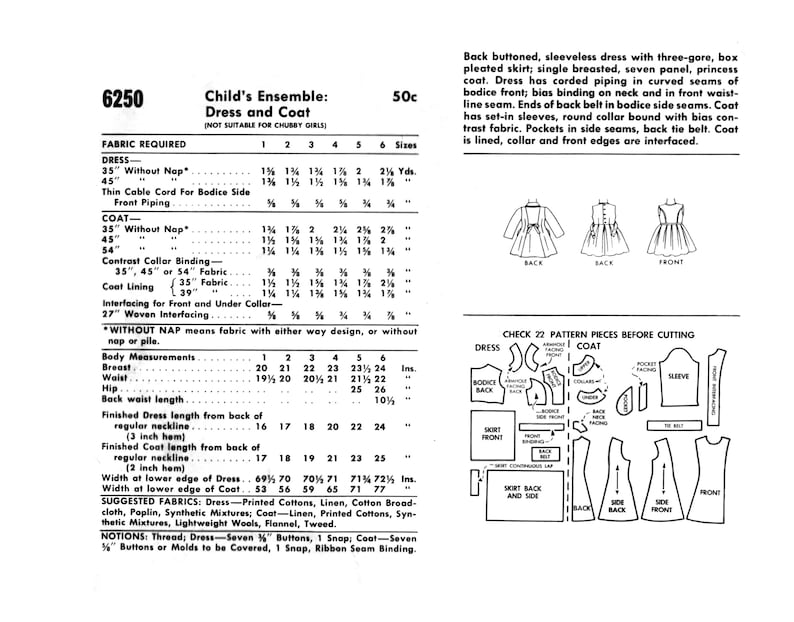May include: A vintage sewing pattern for a child's dress and coat ensemble. The pattern includes instructions for a sleeveless dress with a box pleated skirt and a princess coat with a round collar. The pattern is for sizes 1-6 and is priced at 50 pence.