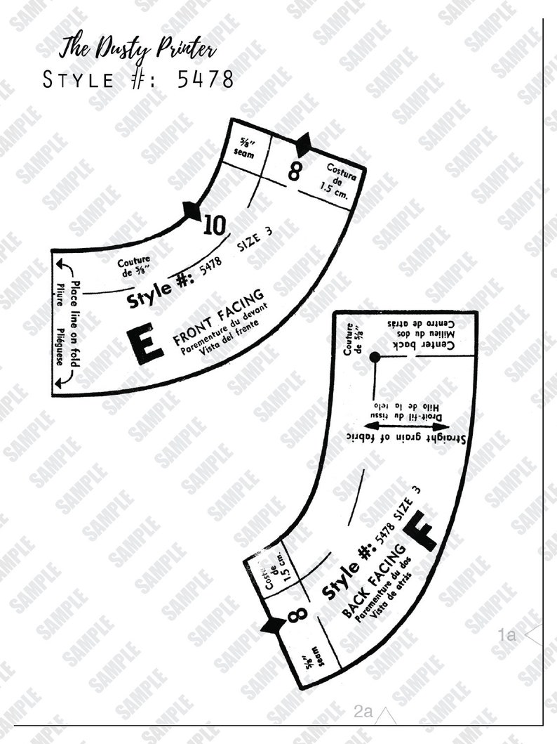 May include: Black and white sewing pattern diagram for a garment style numbered 5478. The diagram includes instructions for both the front and back facing of the garment. The pattern includes measurements in inches.