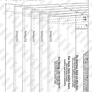 May include: A black and white sewing pattern for a garment with instructions for shortening, hemming, and cutting away the lining. The pattern includes six different sizes, labelled 2 through 6.