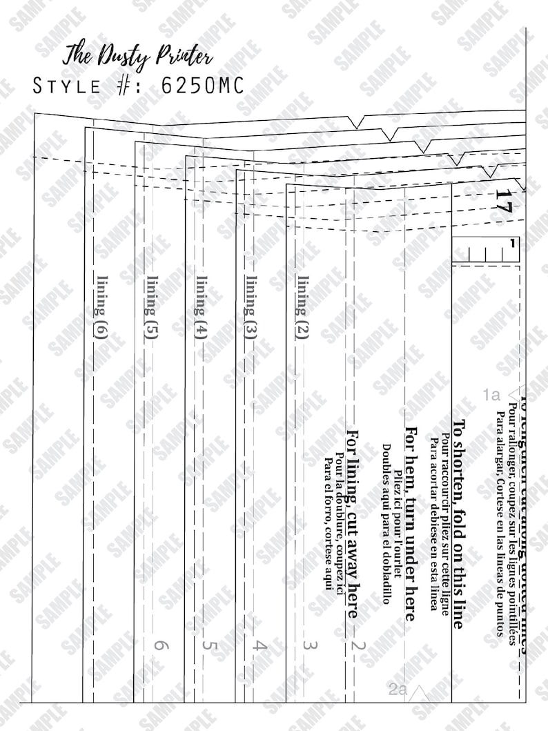 May include: A black and white sewing pattern for a garment with instructions for shortening, hemming, and cutting away the lining. The pattern includes six different sizes, labelled 2 through 6.
