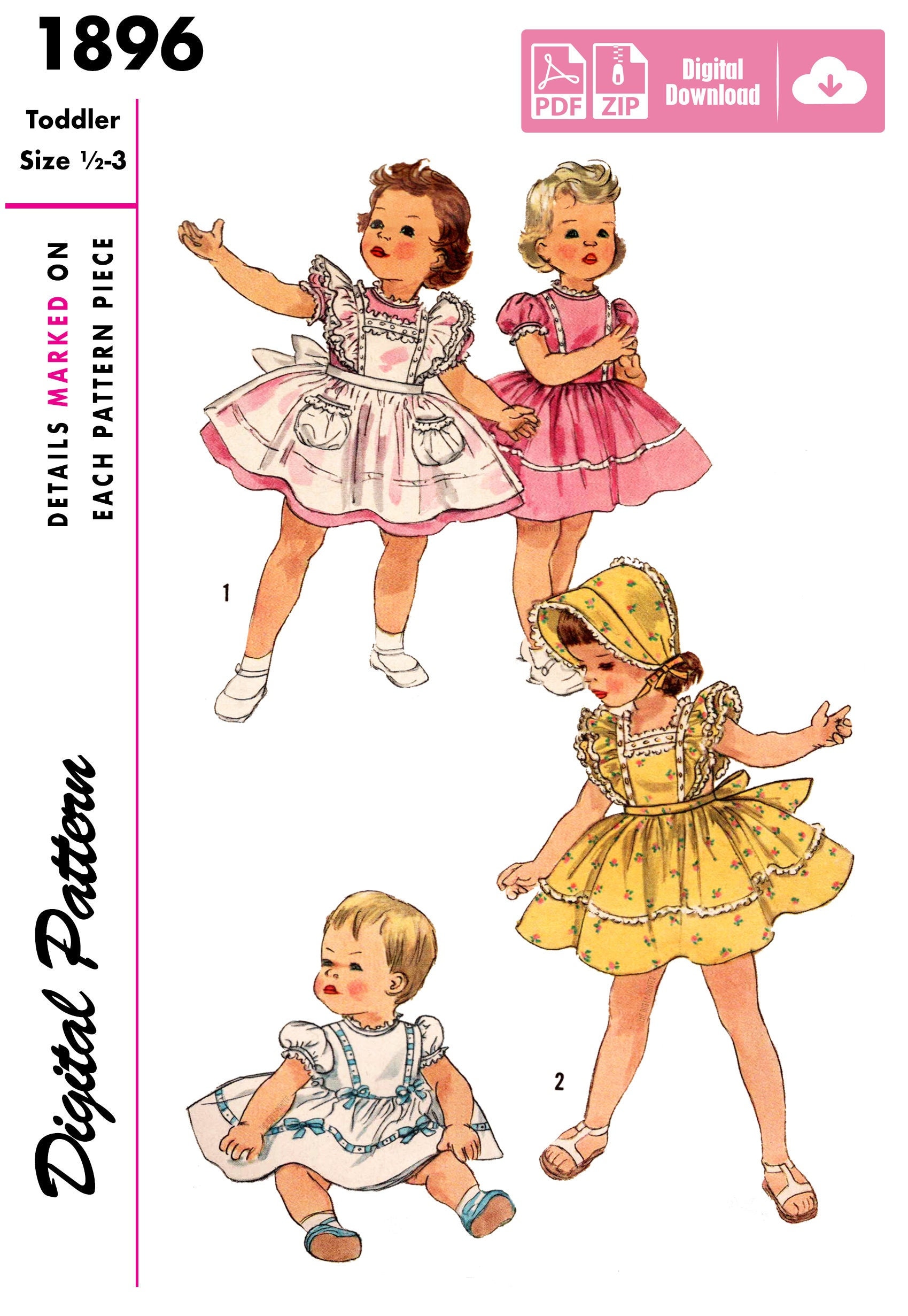 Size 1/2-3 - 1950 Girls Dress, Apron, Pinafore, Bonnet - Child, Toddler, Kids - DIGITAL Sewing Pattern