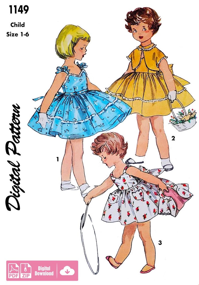 Simplicity 1149 Size 1-6 1955 Girls Dress Jacket Child, Toddler, Kids DIGITAL Sewing Pattern PDF Patterns image 1