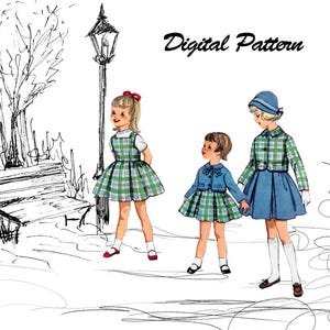 Può includere: Illustrazione di modello digitale di tre bambini in abiti vintage. I bambini indossano abiti e giacche a quadri blu e verdi, con cappelli e accessori abbinati. Lo sfondo presenta una scena di parco con una panchina e un lampione.