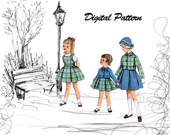 Size 4 - Child Dress | Jumper with Button Front Jacket - Square Neck, Pleated Skirt - 1950s Sewing Pattern - PDF digital download