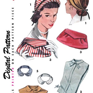 May include: A vintage sewing pattern for a hat, blouse, and purse. The pattern includes instructions for making a striped hat with a bow, a blouse with a Peter Pan collar, and a striped purse. The pattern is printed on a white background with black text and illustrations.