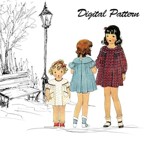 May include: Digital pattern illustration of three young girls in dresses. One girl wears a white dress with polka dots, another a blue dress, and the third a red plaid dress. The background features a park scene with a bench and a lamppost.