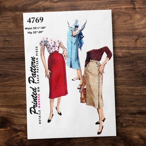 May include: A vintage sewing pattern for a skirt, with three different styles shown. The pattern number is 4769, and the waist size is 23 1/2 to 30 inches, and the hip size is 32 to 39 inches. The text "Printed Pattern... Details Marked on Each Pattern Piece" is printed on the side.
