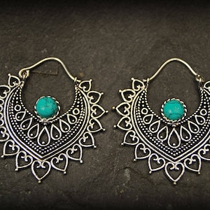 Boucles d'oreille ethniques argent  avec pierre semi precieuse -boucles plaquées argent 65-N9 S