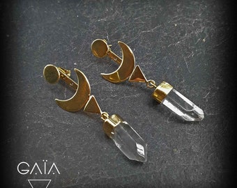 Boucles d&#39;oreille pendantes cristal de roche et laiton -boucles quartz- boucles soleil et lune -boucles boho -boucles bohème 79-811
