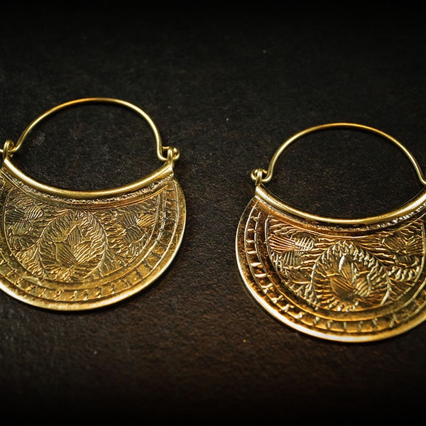 Gold hoop earrings-Ethnic tribal earrings brass -engraved earrings -brass earrings -boho earrings -tribal hoop earrings 17-173