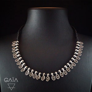 Silver necklace, antique silver, tribal jewelry, boho necklace, black beaded necklace