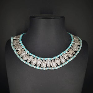 Tribal silver plated necklace -antique silver- bib necklace-tribal necklace- boho necklace-green or  beaded necklace