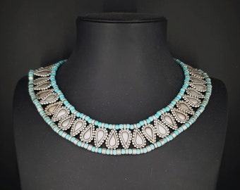 Collana etnica placcata in argento ossidato, collare tribale boho