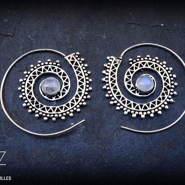 Ethnic spiral silver plated earrings with semi precious stone -tribal earrings - 82-200