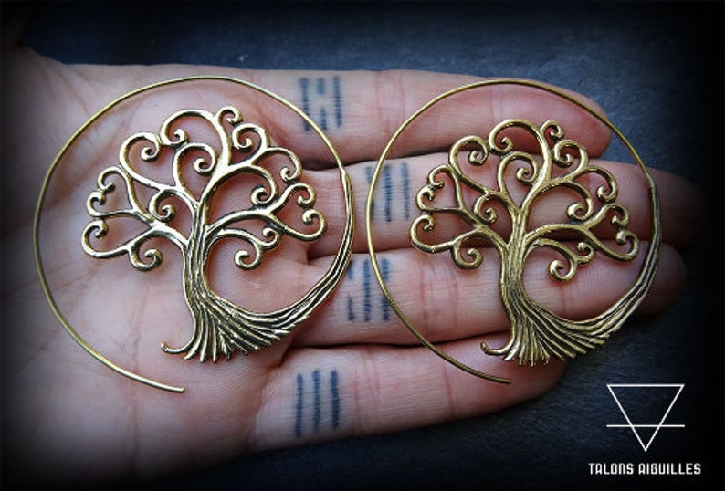 Brass spiral earings tree of life earrings tribal hoop earring brass boucles arbre de vie 55-717 image 8