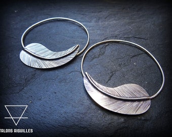 Grandes boucles d 'oreille argent - boucles d'oreille plume - créoles plumes -Boucles ethniques - 19-87