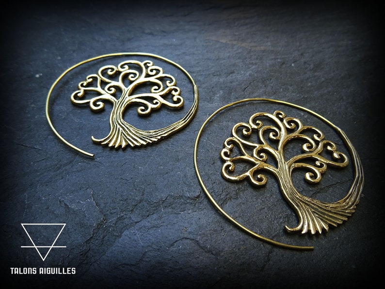 Brass spiral earings tree of life earrings tribal hoop earring brass boucles arbre de vie 55-717 image 2