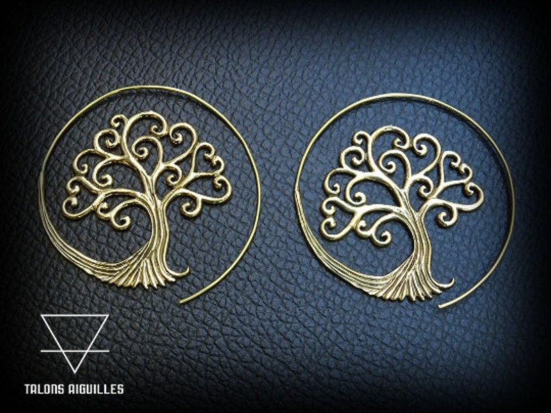 Brass spiral earings tree of life earrings tribal hoop earring brass boucles arbre de vie 55-717 image 9