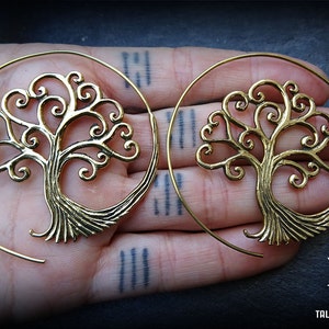 Brass spiral earings tree of life earrings tribal hoop earring brass boucles arbre de vie 55-717 image 3