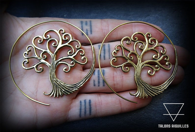 Brass spiral earings tree of life earrings tribal hoop earring brass boucles arbre de vie 55-717 image 3