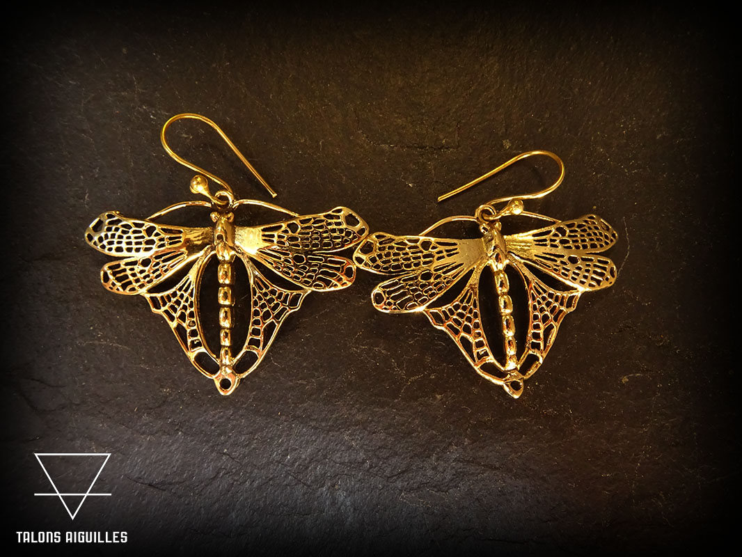 Boucles d'oreille pendantes libellule en laiton - boucles pendantes laiton - boucles hippie  107-715