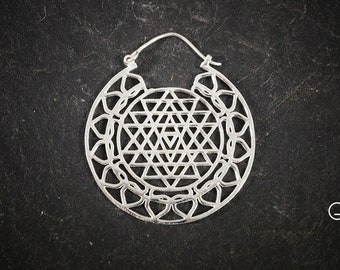 Sacred géometric earrings -brass silver plated earrings - tribal hoop 79-306