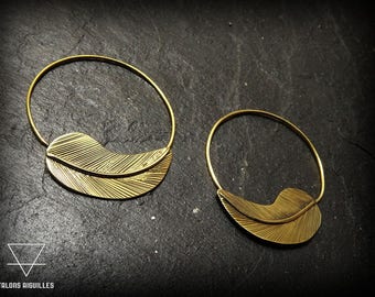 Brass feather earrings - bohemian jewelry - tribal hoops- brass hoops 37-520