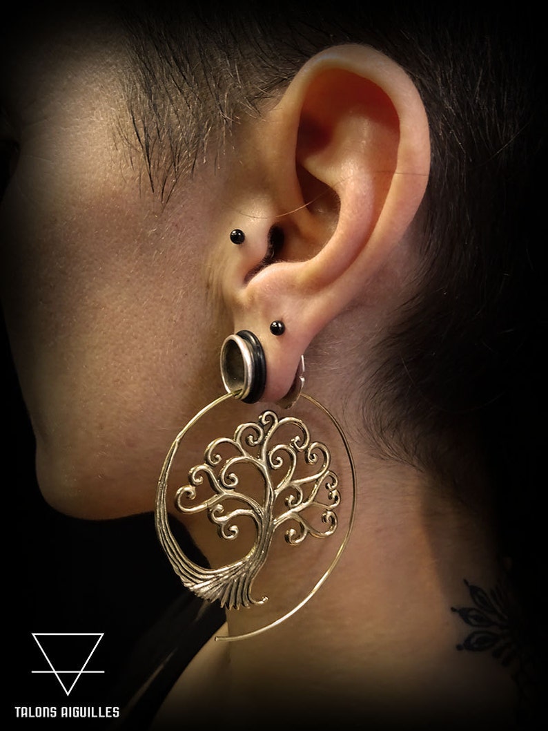 Brass spiral earings tree of life earrings tribal hoop earring brass boucles arbre de vie 55-717 image 5