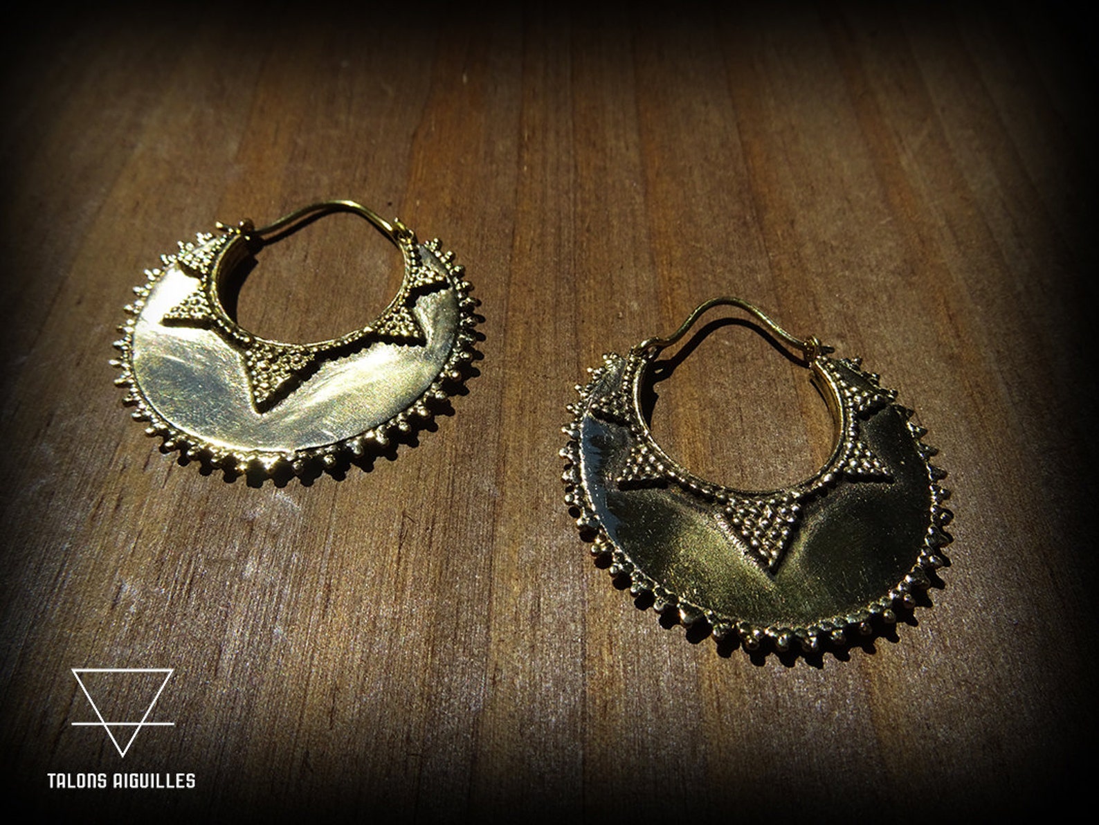 Boucles D'oreilles Pendantes Vintage Années 80-90 - Laiton Plaqué Or - Ethnique