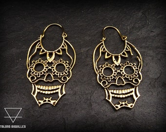 Skull brass hoop earrings -day of the dead earrings - halloween jewelry A5