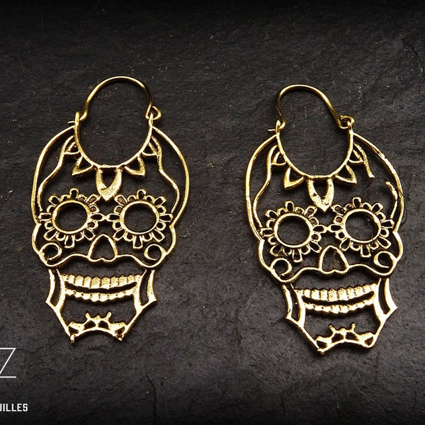 Boucles d'oreilles ethniques en laiton -boucles tete de mort mexicaine-bijou halloween- boucles gothiques A5