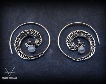 Spiral brass silver plated earrings with semi precious stone  - peacock earrings- 55-241