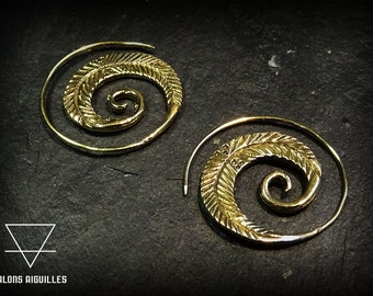 Spiral brass earrings - feather brass earrings - boho earrings  -  Gaia 2-B1-2