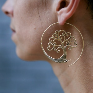 Brass spiral earings tree of life earrings tribal hoop earring brass boucles arbre de vie 55-717 image 1