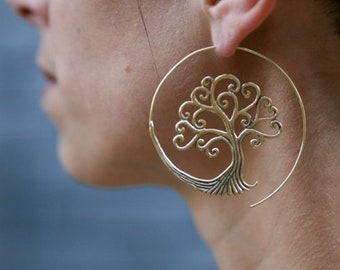 Brass spiral earings -tree of life earrings  -tribal hoop earring -brass -boucles arbre de vie 55-717