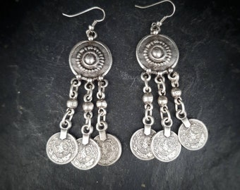 Silver Plated Coin Dangle Earrings: Antique Bohemian Style