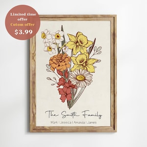Custom Birthday Gift For Mom, Birth Flowers Family Bouquet Print, Christmas Gift for Grandma, Birth Month Flower Art, Personalized Digital