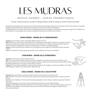May include: A white and black informational poster titled "Les Mudras" with text and illustrations of hand gestures. The poster describes various mudras, including Jnana Mudra, Chin Mudra, Anjali Mudra, Bhairava Mudra, and Kali Mudra.