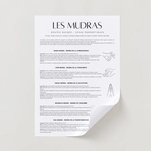 Könnte beinhalten: Ein weißes Poster mit dem Titel "LES MUDRAS" und französischem Text. Das Poster beschreibt verschiedene Mudras, darunter Jnana Mudra, Chin Mudra, Anjali Mudra, Bhairava Mudra und Kali Mudra, mit entsprechenden Handillustrationen.