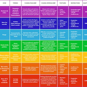 Peut inclure: Un tableau coloré avec les noms des sept chakras, leurs éléments, zones, thèmes, états équilibrés et déséquilibrés correspondants, postures, techniques de respiration, mantras et affirmations.