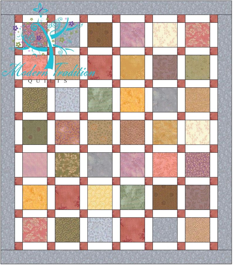 May include: A quilt featuring a grid of multi-colored fabric squares in shades of pink, yellow, green, brown, and blue, separated by white sashing and small red cornerstones. The quilt is bordered by a gray patterned fabric and includes a logo.