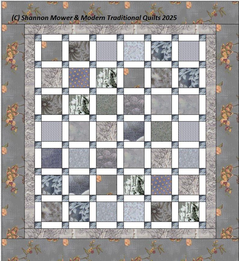 May include: A quilt featuring a grid of square fabric patches in various shades of gray, blue, and white, separated by white sashing and small dark squares. The border displays a floral pattern. Text reads: (C) Shannon Mower & Modern Traditional Quilts 2025.
