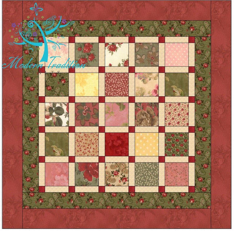 May include: A square patchwork quilt featuring a grid of twenty-five fabric squares in various floral and solid patterns of red, green, yellow, and pink. The quilt is framed by a green floral border and a solid red outer border with text.