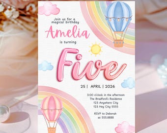 Pastel Rainbow 5th Birthday Invitation Template, Editable Fifth Birthday Invite, 5x7 Canva (Digital Download)