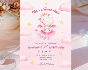 Pink Dinosaur Three-Rex 3rd Birthday Invitation, Girl Dino Party Template (Digital Download)