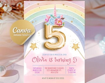 Unicorn 5th Birthday Invitation, Fifth Bday Editable Rainbow Party Invite, Pastel Magical Birthday Printable
