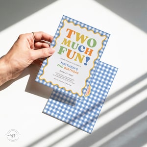 May include: A rectangular birthday invitation card featuring a blue and white gingham pattern border and a scalloped yellow frame. The text reads TWO MUCH FUN! PLEASE JOIN US TO CELEBRATE MATTHEW'S 2ND BIRTHDAY JUNE 27 2027 and event details.