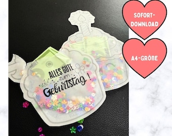Geburtstags-Schüttelkarten, Verpackung für Geld und Gutscheine, Wunscherfüller Geldgeschenk, Konfettitüten, DIY-Geburtstagsgeschenk PDF